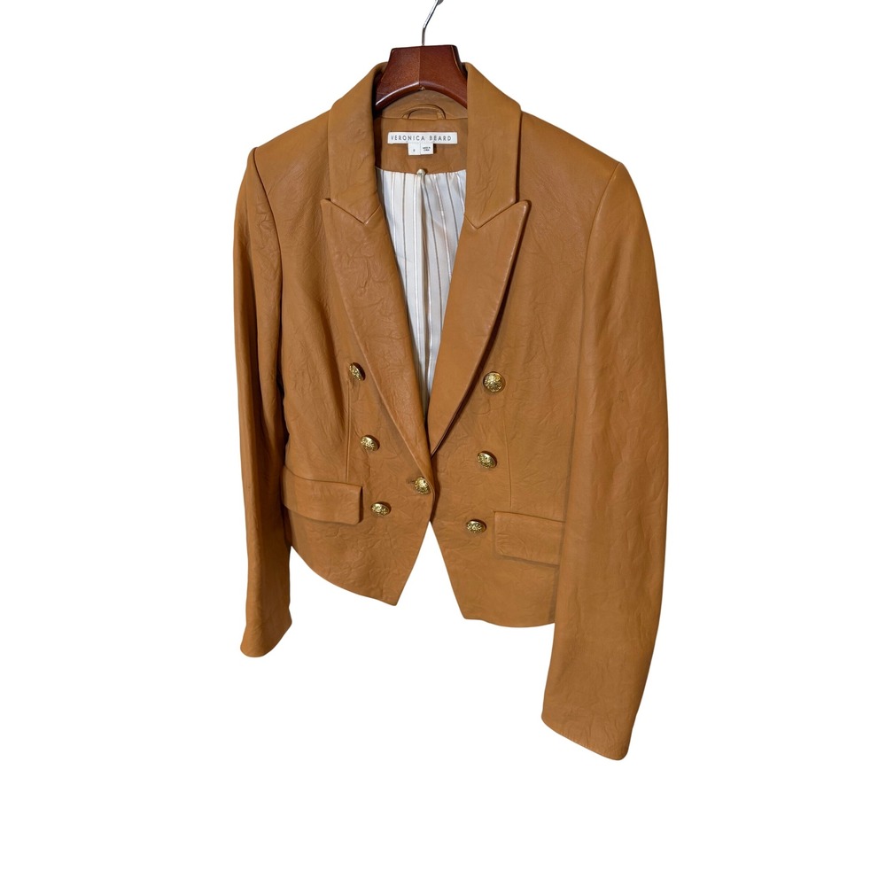 Veronica Beard Camel Leather Double Breasted Blazer Gold Crest Buttons Size 6